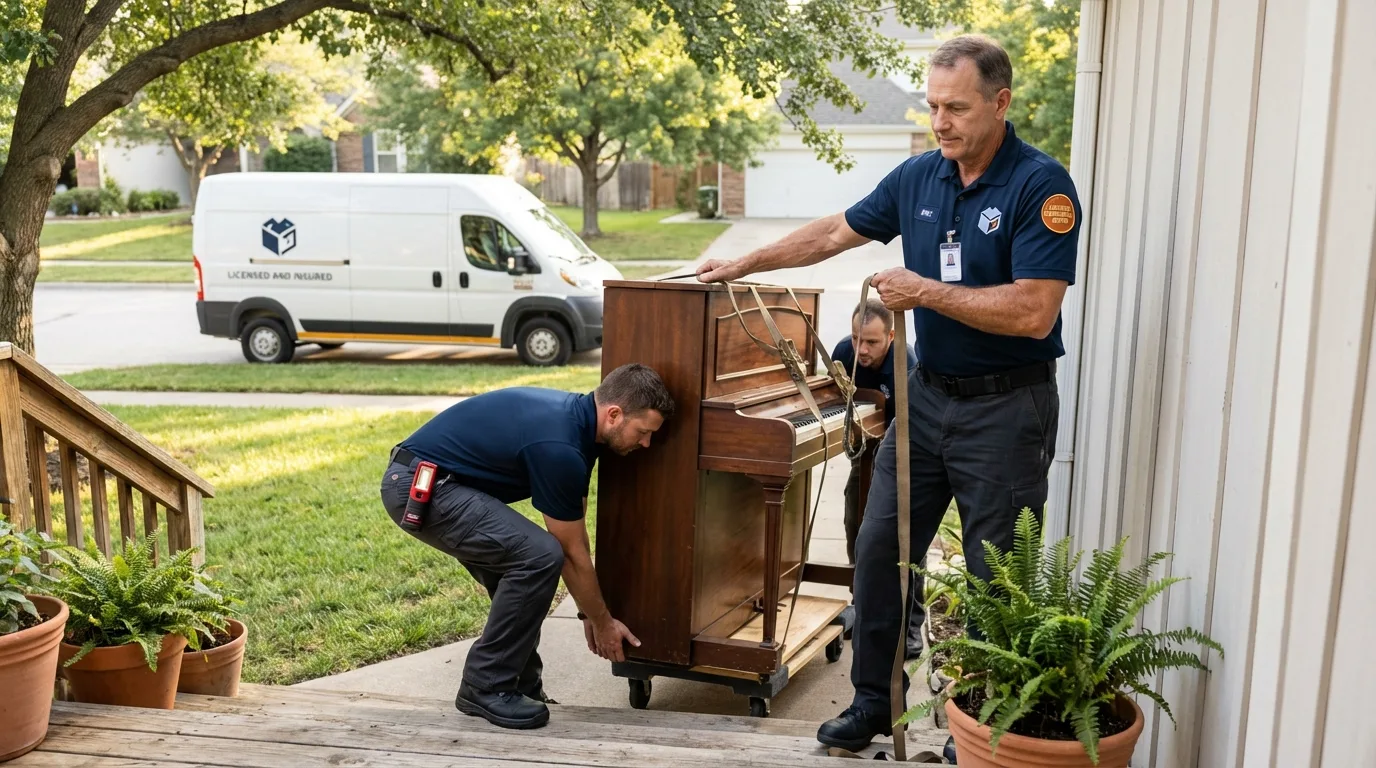 Licensed piano movers securing grand piano in Mount Olive, IL