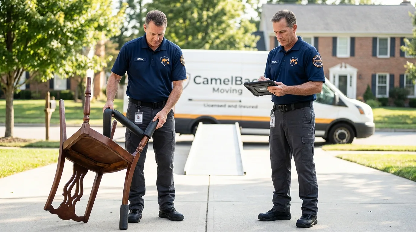 Movers inspecting furniture for damage prevention before loading in Mount Olive, IL