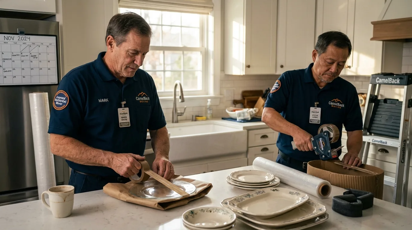 Professional crew packing kitchen dishware in Mount Olive, IL